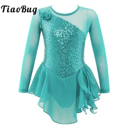 Girls Kid Mesh Long Sleeves Sequins Gymnastic Leotard Dress Stage Performance Ballet Dance Figure Ice Skating Dress