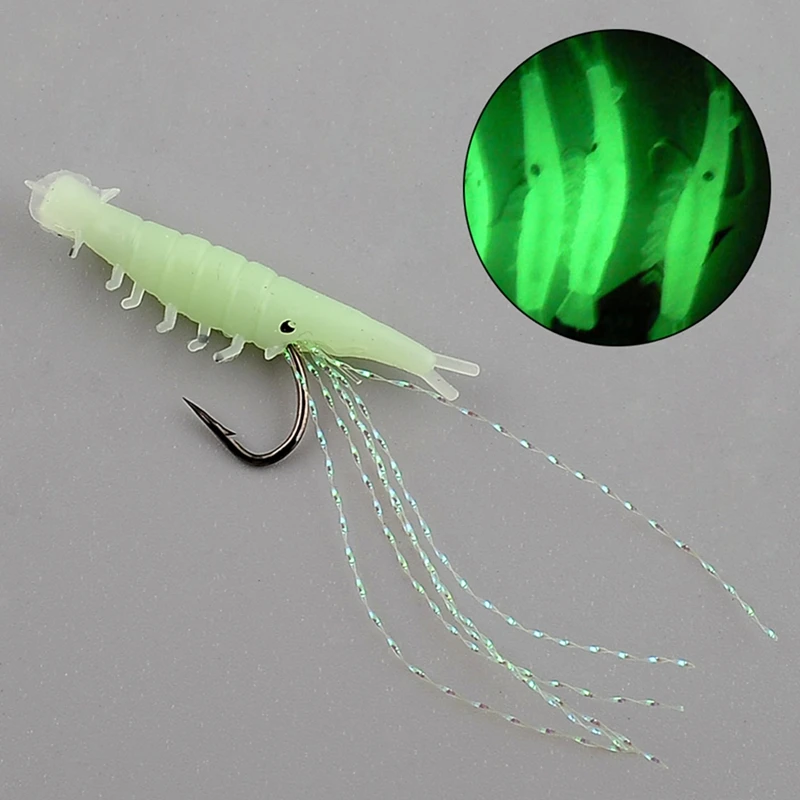 5pcs 1.2cm Soft Rigs Fishing Lure Glow In The Dark Luminous Shrimp Bait Jigs Lure Soft Worm Fake Lure Baits Lures Set