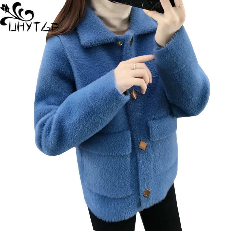 

UHYTGF Fashion Autumn Winter Sweater Jacket Woman Mink Fleece Knitted Top Wild Cardigan Casual Warm Loose Short Coat Female 1095