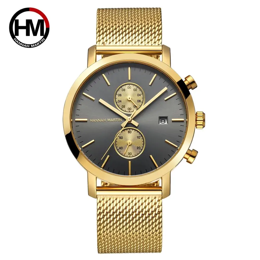 Black Multifunction Chronograph Stainless Steel Mesh Band Waterproof  Men Big Dial Top Brand Luxury Watch Men Fashion Watches