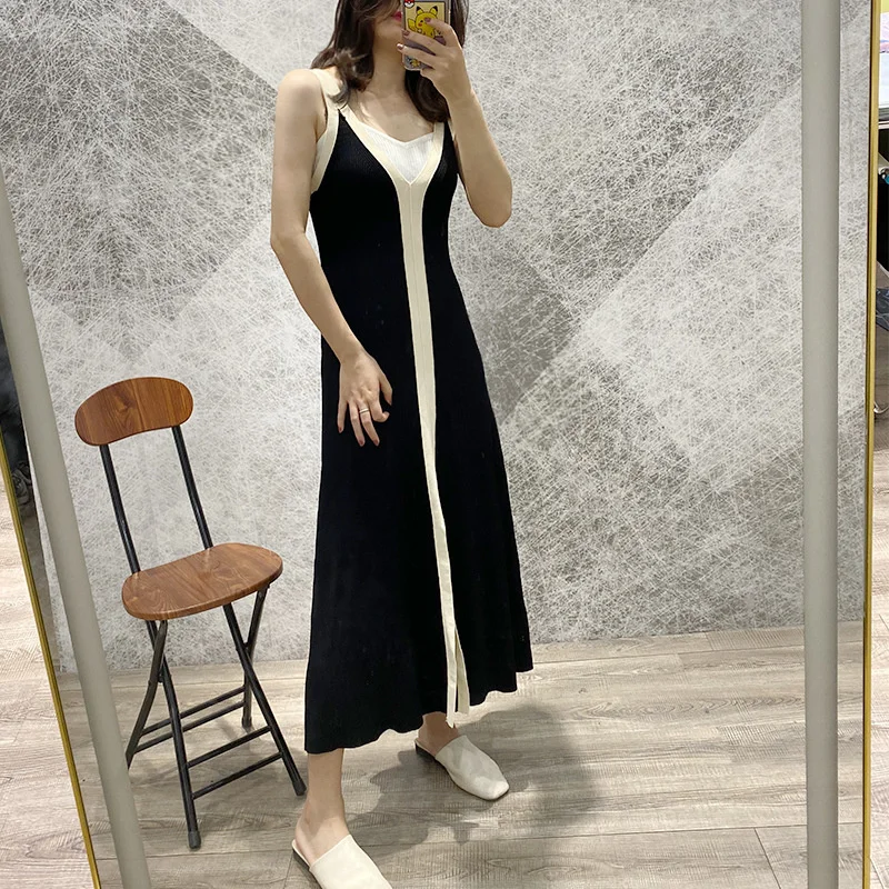 

V-Neck Fashion Sleeveless Knitting Dress Women New Summer Elegant Pullover A-Line Dress Streetwear Sling Long Dress Female