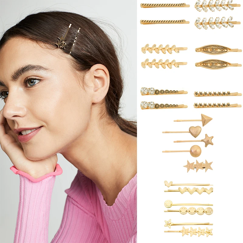 

Fashion New Gold Color Metal Hair Clips Bobby Pins Geometric Star Heart Bling Crystals Barrettes for Women Hair Accessories