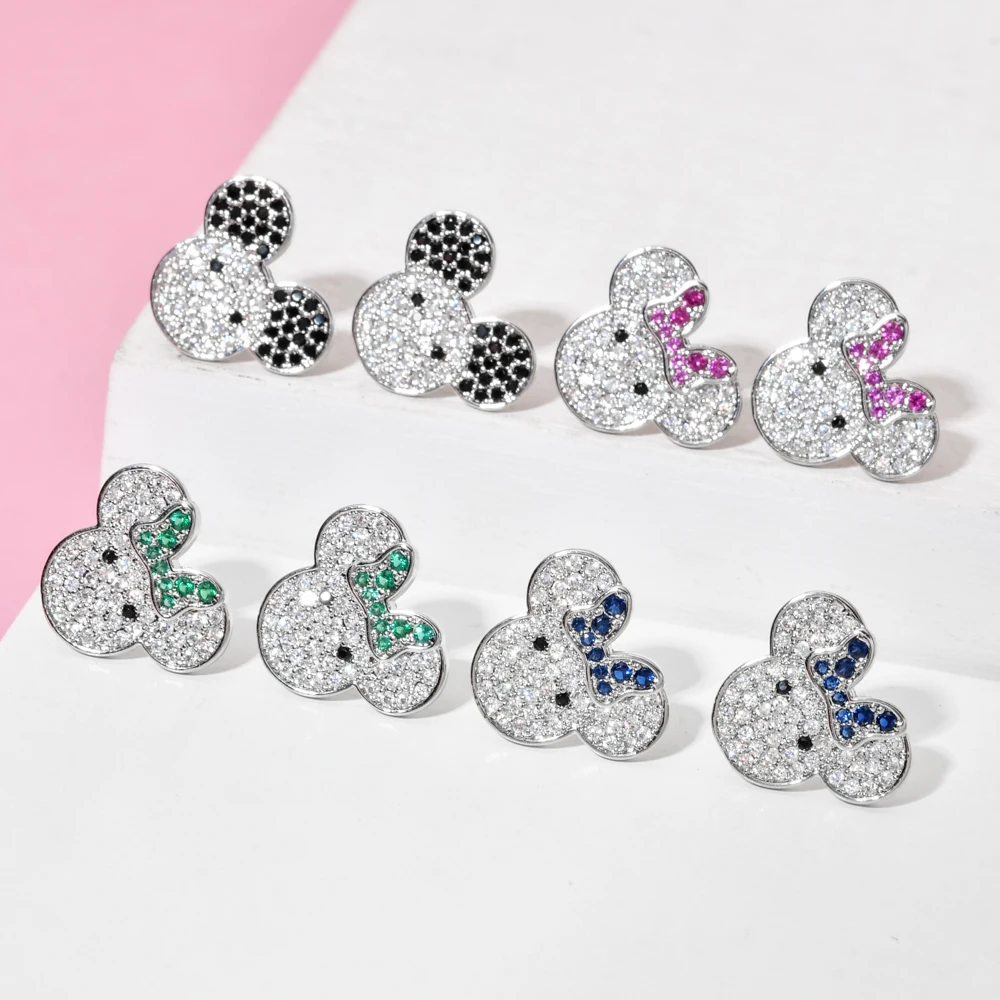 Cartoon mouse ear studs, copper inlaid zircon earrings, various colors, fashionable trendy women's jewelry ER-473