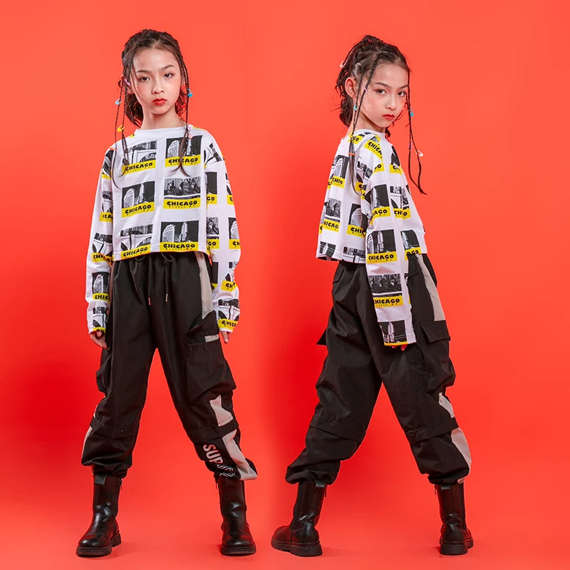 Kids Hip Hop Clothing Graffiti Crop Tops Shirt Streetwear Tactical Cargo Pants for Girls Jazz Dance Costume Rave Clothes