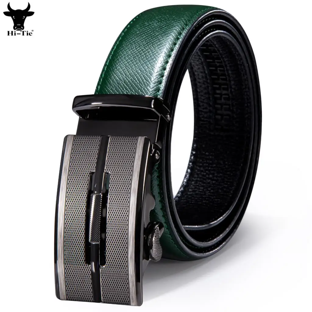 Hi-Tie Vintage Silver Automatic Buckles Mens Belts Luxury Green Genuine Leather Ratchet Trousers Waist Belt for Men Dress Jeans