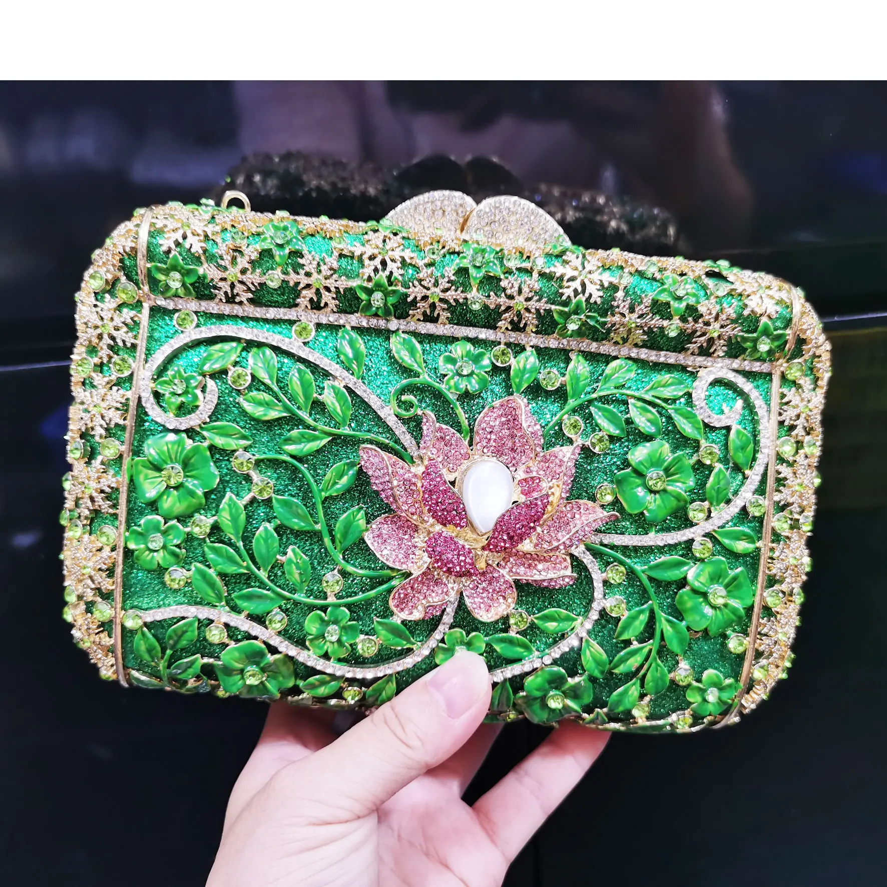 

Luxury Green Flower Designer Evening Bags Lotus Clutch Bags Women Party Purse Wedding Handbags Metal Box Chain pochette SM105