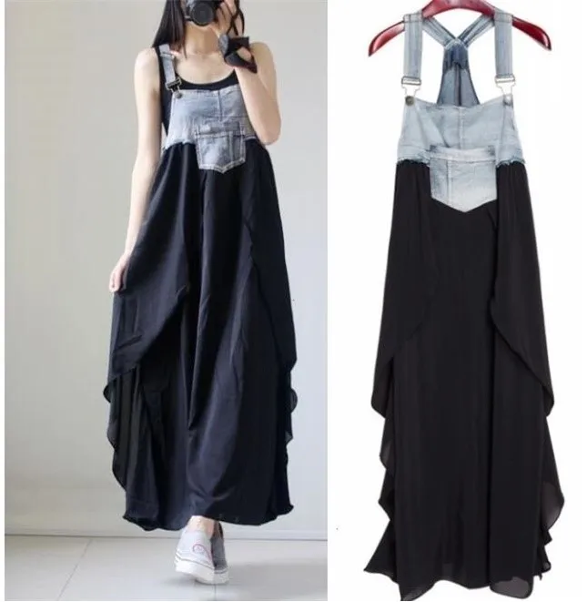 Fashion New SPRING classic Women Summer Braces Dress Denim Patchwork Balck Dress Bottom High Waist Loose Casual Beach Dress