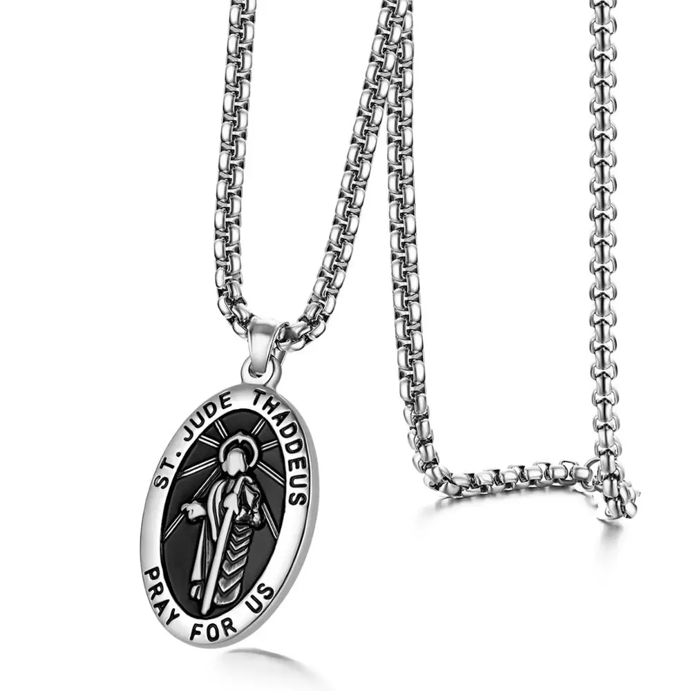 BONISKISS Vintage Men's Silver Color Pendant Necklace Stainless Steel SAINT JUDE THADDEUS Jesus Oval Medal Christian Necklace