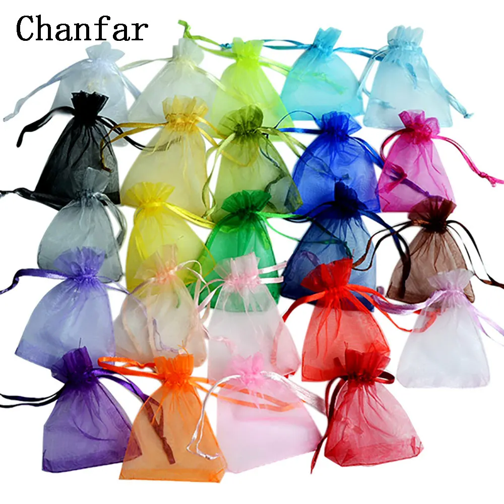 50 sztuk/partia kolorowe torby Organza 7x9 9x12 10x15CM torby do pakowania biżuterii prezent ślubny przechowywania sznurkiem woreczki hurtownia