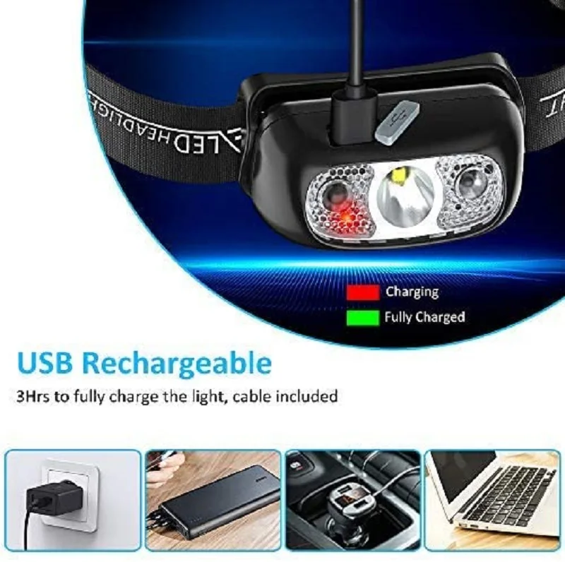 LED Headlamp Flashlight Rechargeable Outdoor Headlight Headlamps Motion Sensor Head Lamp Camping Cycling Running Fishing