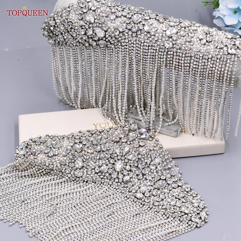 TOPQUEEN SP36 Rhinestone Applique Bling Large Sewing Patches Epaulets for Women Ladies Bridal Party Clothing Dresses Gown Coats