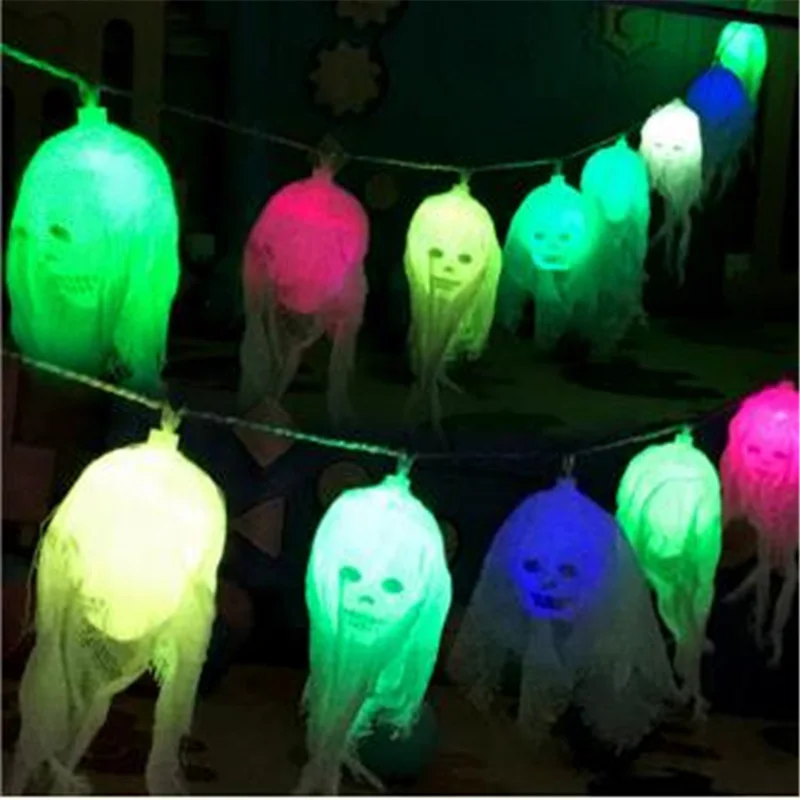 PheiLa-Cadena de luces de calavera de gasa para fiestas de Halloween, luces colgantes de fantasma de terror, decoración para sala de estar al aire libre