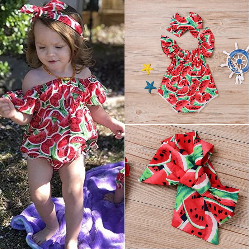 US Stock Summer Newborn Baby Girls Watermelon Romper Infant 2pcs Flying Sleeve Bodysuit Headband Outfits 0-24M