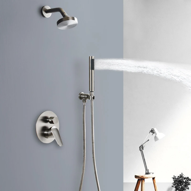 Bathroom Rain Shower System Wall Mounted Rainfall Shower Head Set Stsinless Steel Hand Shower Faucet Mixer Kit Brushed Nickel