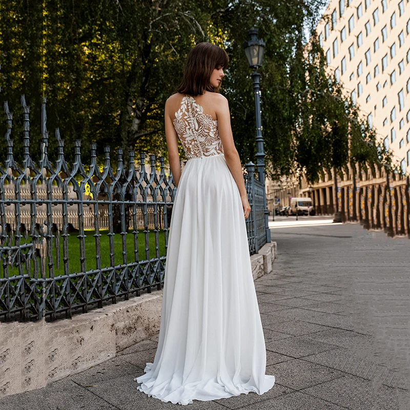 Sexy Halter Neck Strand Hochzeit Kleider Boho Chiffon Hohe Schlitz Ärmellose Brautkleider Plus Größe A-linie Böhmischen Robe De Mariee