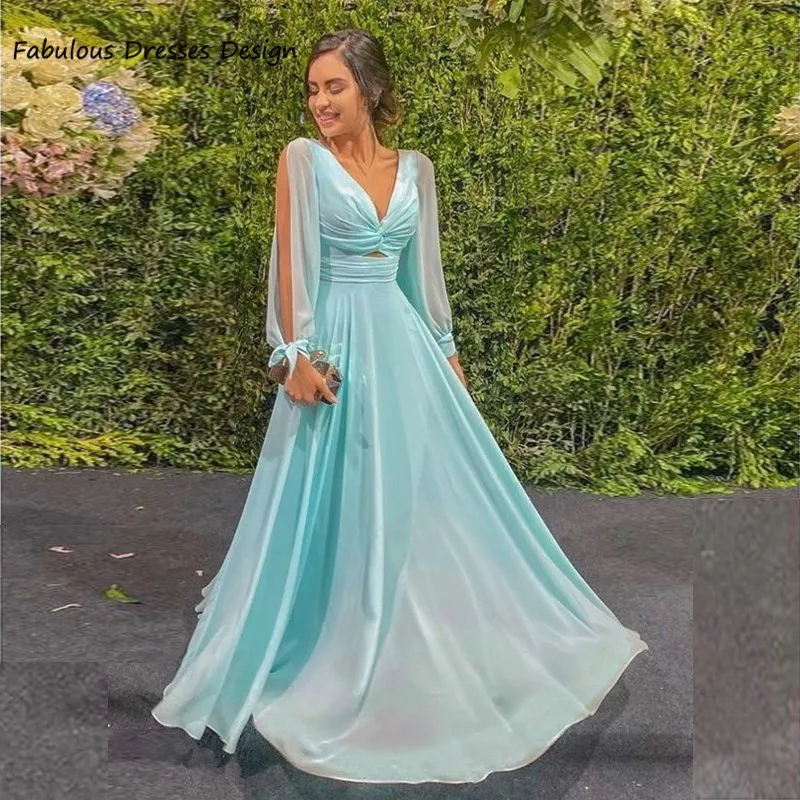 Vestidos femininos de dama de honra chiffon, manga comprida, azul céu, decote em v, vestido de casamento, personalizado, vestido de baile