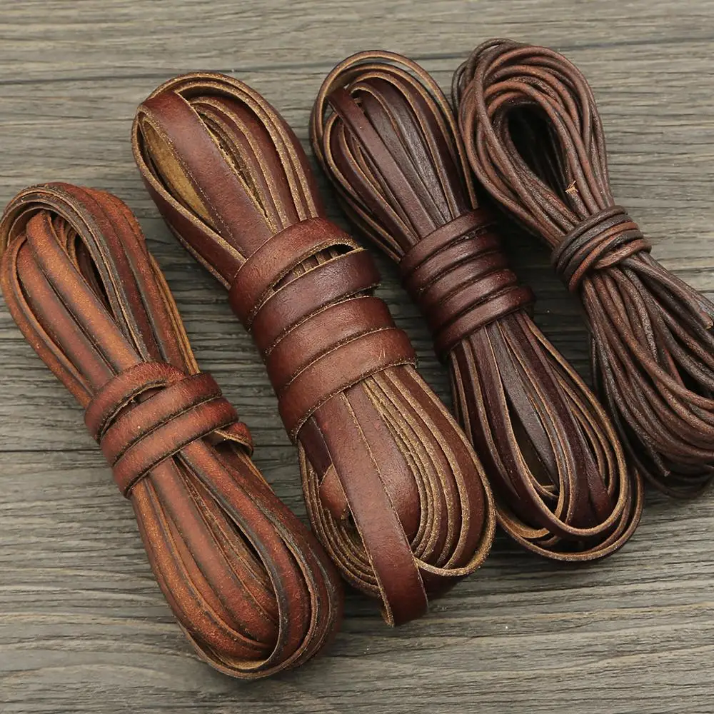 2m Vintage 100% Genuine Cowhide Leather Cord Strip Round/Flat Rope String DIY Bracelet Necklace Braided Craft Jewelry Making