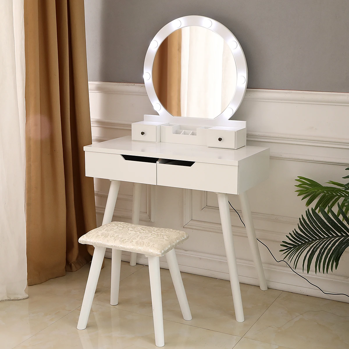 Two Colors   Dresser Dressing Table with Single Round Mirror with Bulb & 4 Drawers  Dressing Stool  Bedroom Sets Furniture