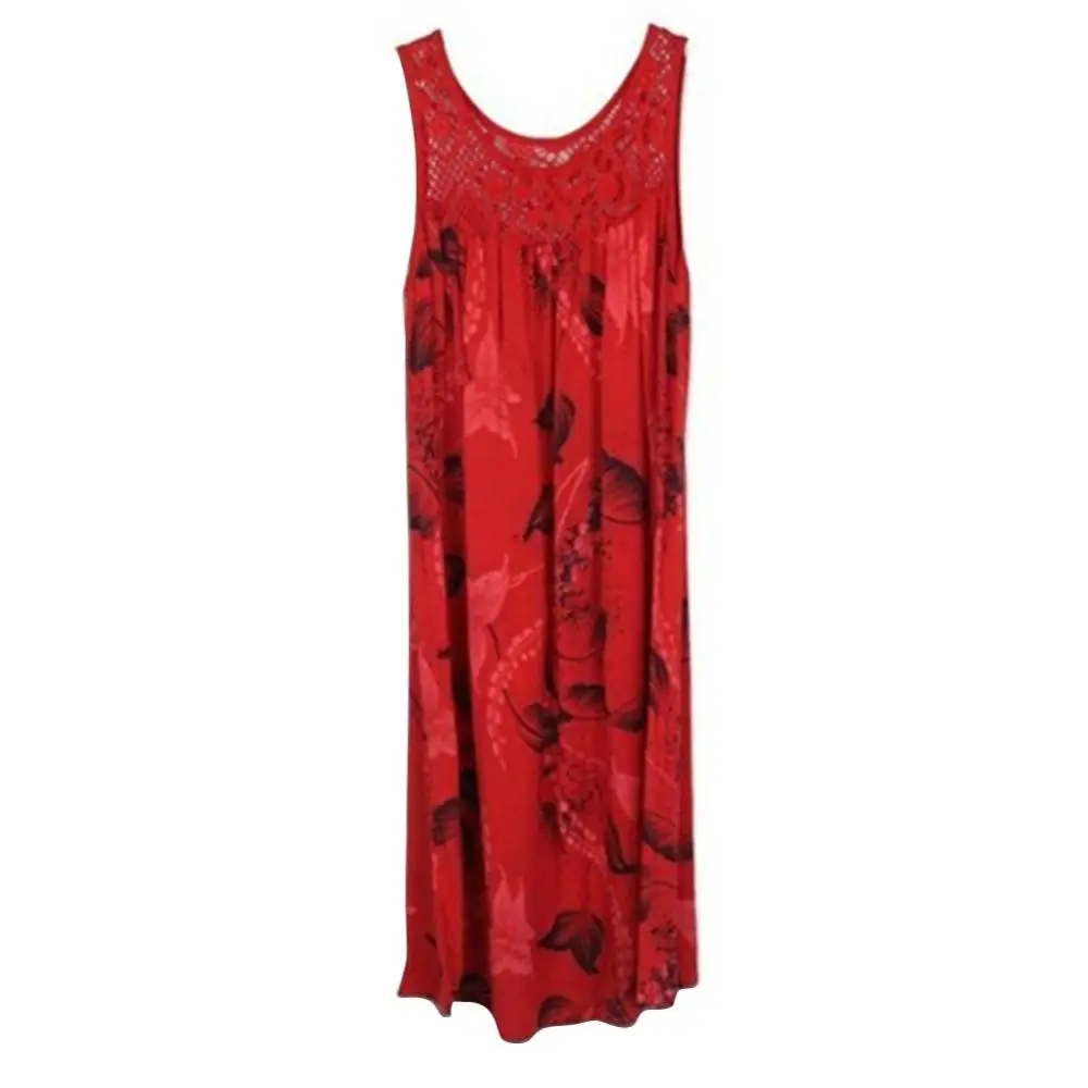 Elegant  Floral Printed Lace Stitching O-Neck Sleeveless Women Summer Loose Tank Dress