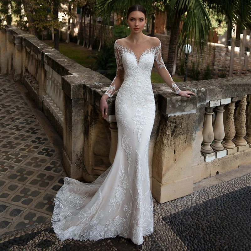 9380 # foto reali Champagne sirena scollo a v Appliques di pizzo abito da sposa nuovo arrivo maniche lunghe tromba abito da sposa Plus Size