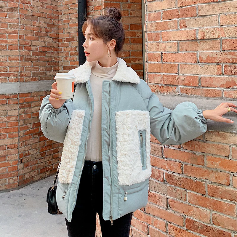 

Thin light Down Cotton Jacket Female Winter New Short Coat Loose Lamb-like Wool Female Warm Cotton Outwear