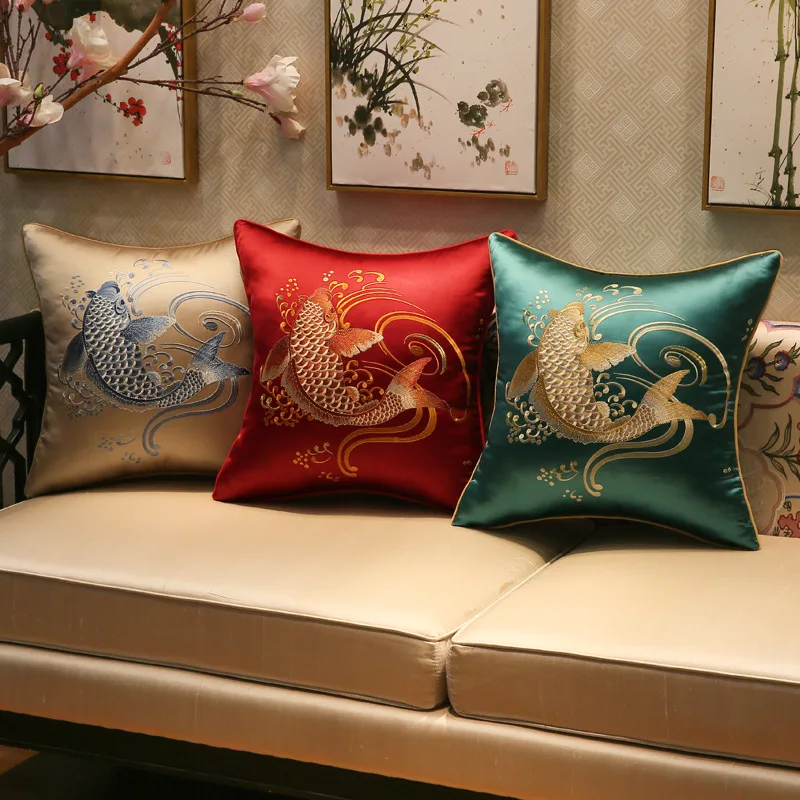 

Koi Embroidered Sofa Cushion Cover High-grade Chinese Style Decorative Pillowcases Fishes Pattern Home Party Office Pillow