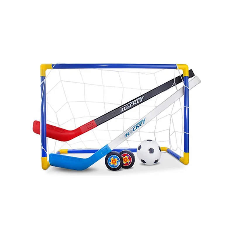 

Kids Soccer Hockey Goal Kit 2 in 1 Children Football Ice Hockey Goal Net Set with Sticks Balls and Pump for Teen Indoor Sports