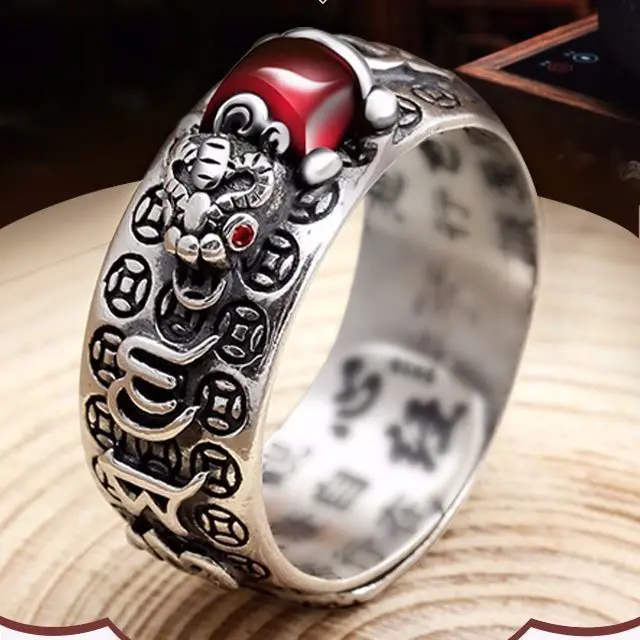 Vintage Domineering Men Ring National Style Pi Xiu Ring Feng Shui Wealth Good Lucky Jewelry Buddhist Heart Sutra Ring Jewelry