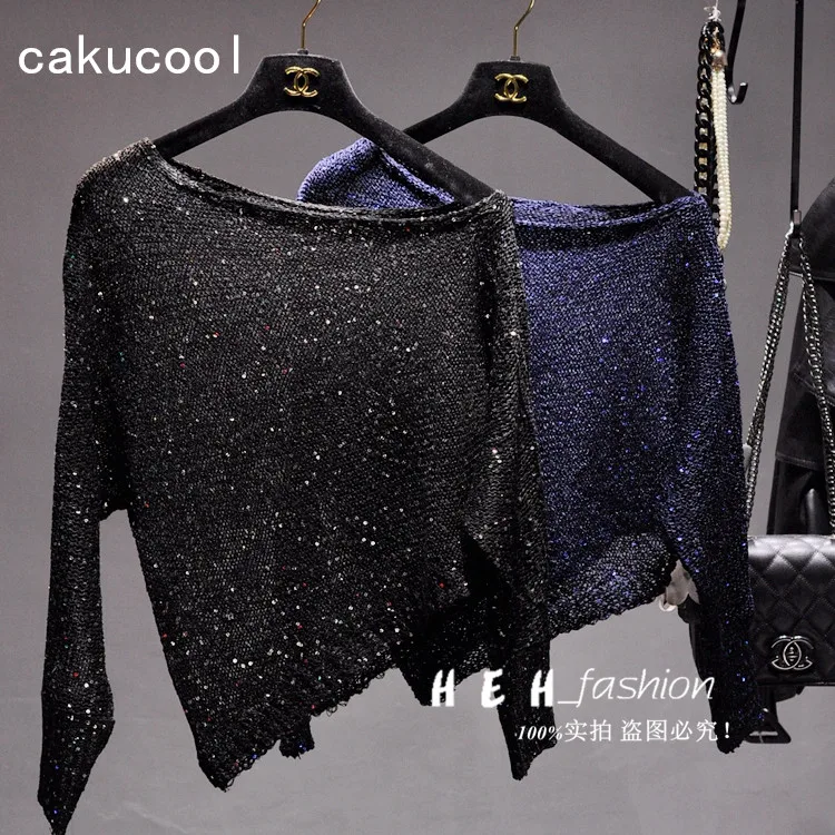 Cakucool Sequins Knit Tops Women Shiny Long Sleeve Pullover Off Shoulder Slash Neck Asymmetric Bling Top Thin Sweater 7color