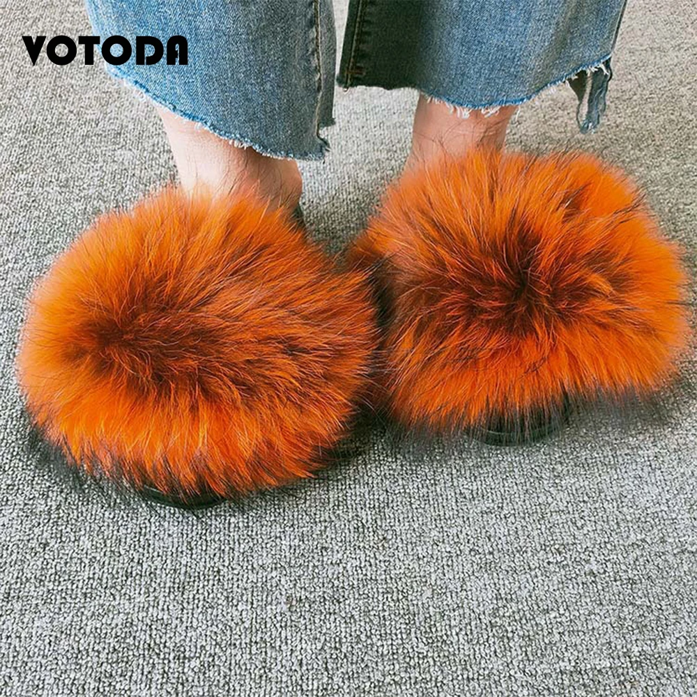 Summer Women Shoes Furry Raccon Fur Slippers Cute Fluffy Fox Fur Slides Girl Soft Home Flip Flop Breathable Non-slip Fur Sandals