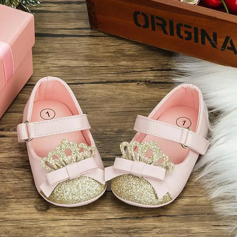 

Newborn Baby Girl Shoes Infant Princess Dress Shoes Bling Pu Non-Slip Soft Sole Rubber Toddler Loafers Flat Toddler First Walk