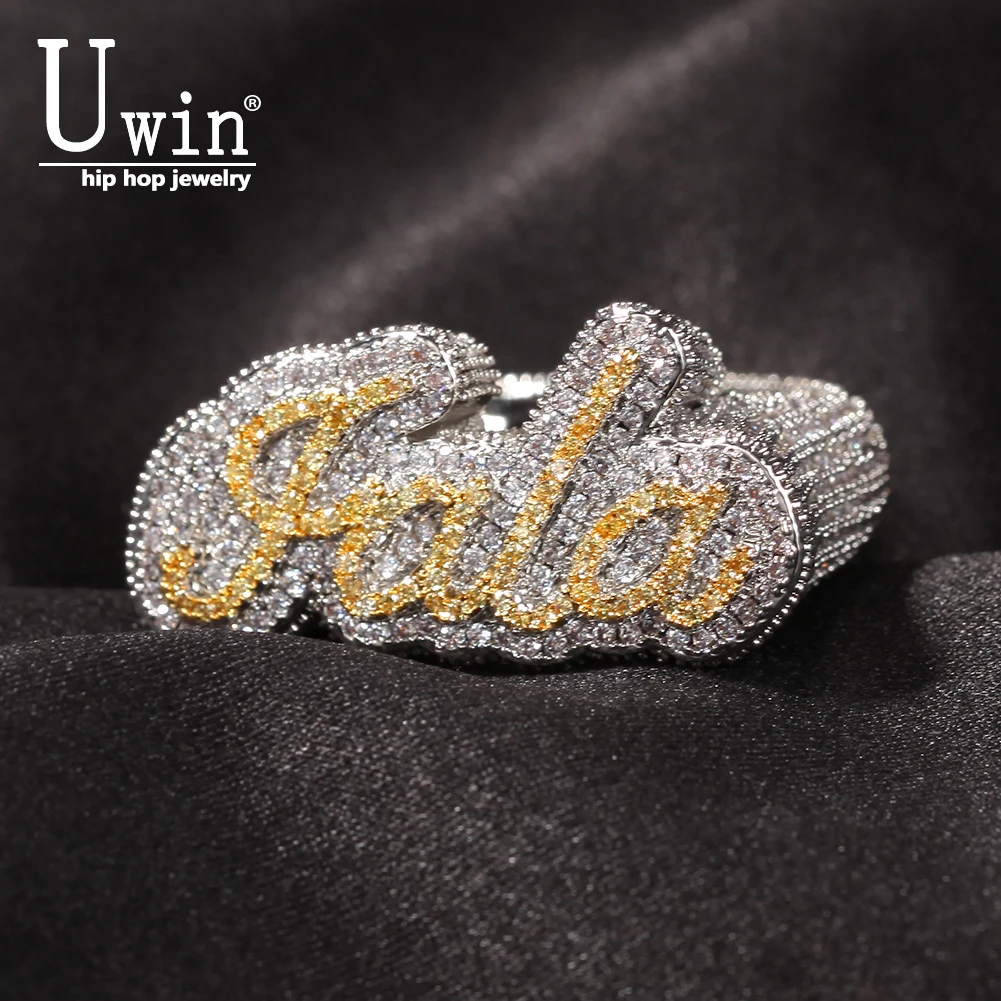 

Uwin Custom Name Rings Script Font Luxury Full Iced Out AAA+ Cubic Zirconia Hiphop Band Personalized Rapper Style Jewelry