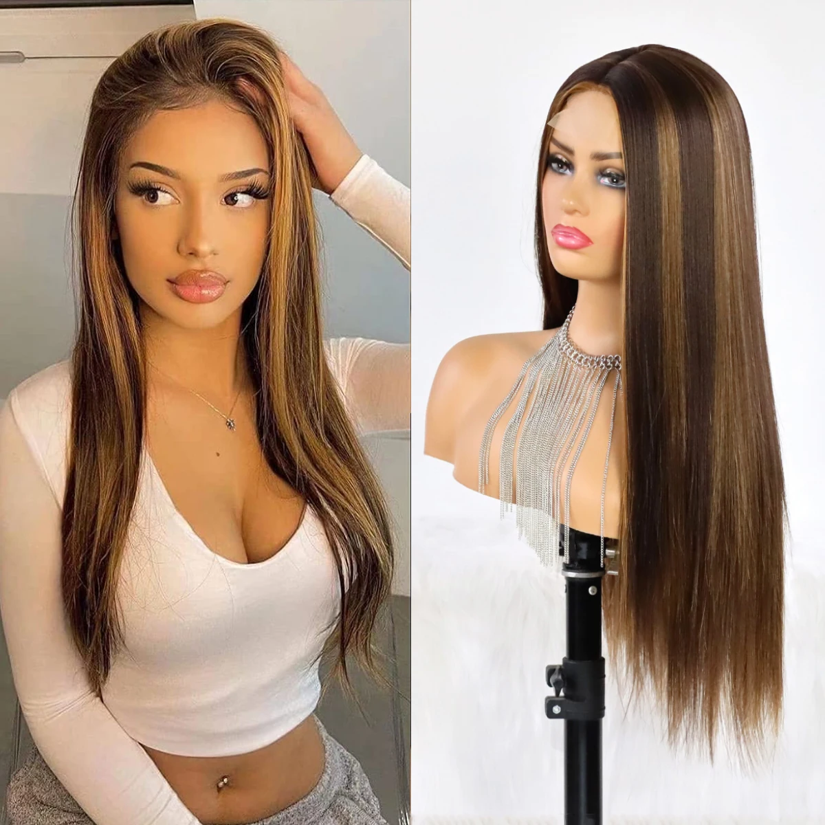 Long Straight Lace ​Synthetic Wigs for Women Middle Part Blonde Highlights Wigs Natural Looking Heat Resistant Fiber