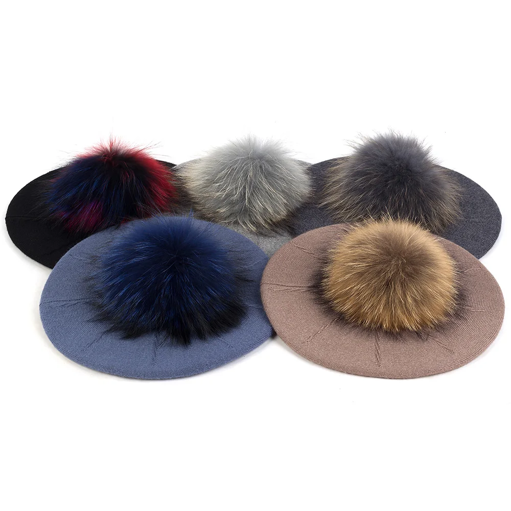 Fashion Elegant Sweet Women Beret Warm Winter Autumn Hat Lovely Ladies Party Hats Cap with 15 cm Real Fur Pompom Female Gift