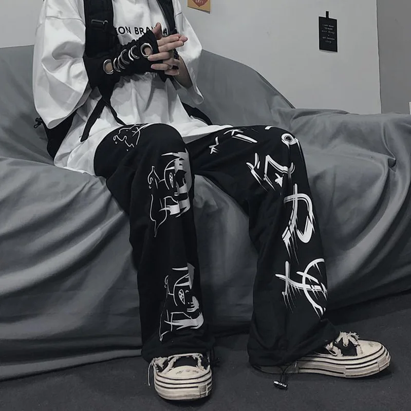 Aolamegs Anime Sweatpants Men Pants Women Japanese Korean Gothic Retro Hip Hop Streetwear Casual Wide Leg Jogging Trousers Male