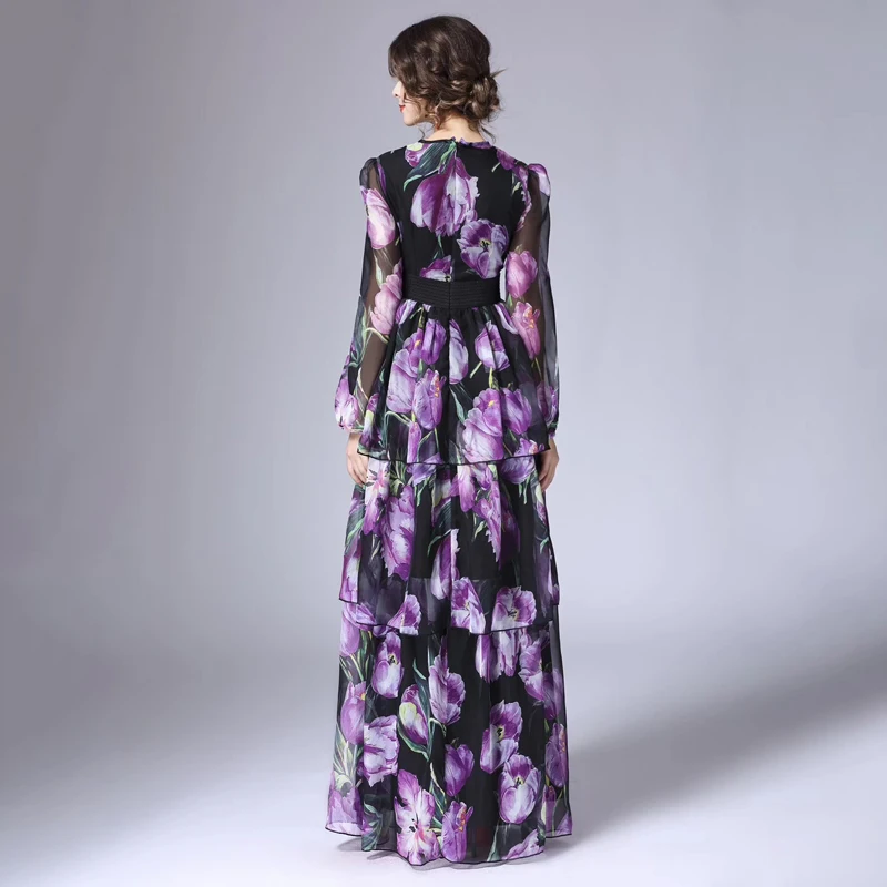 Luxury Designer High Quality Women’s Floral Print Chiffon Purple Maxi Long Sleeve Dress with Ruffles Runway Fashion 2024