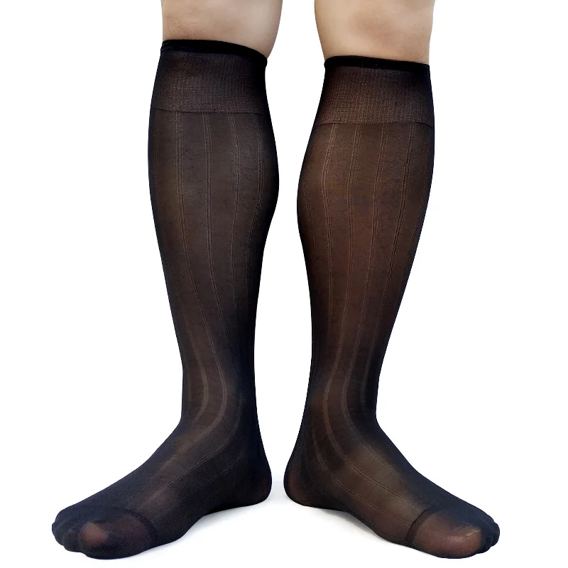 Calzini da uomo in nylon trasparente, a righe elastiche alte, trasparenti, trasparenti, sottili, sexy, per abiti formali, calze da uomo