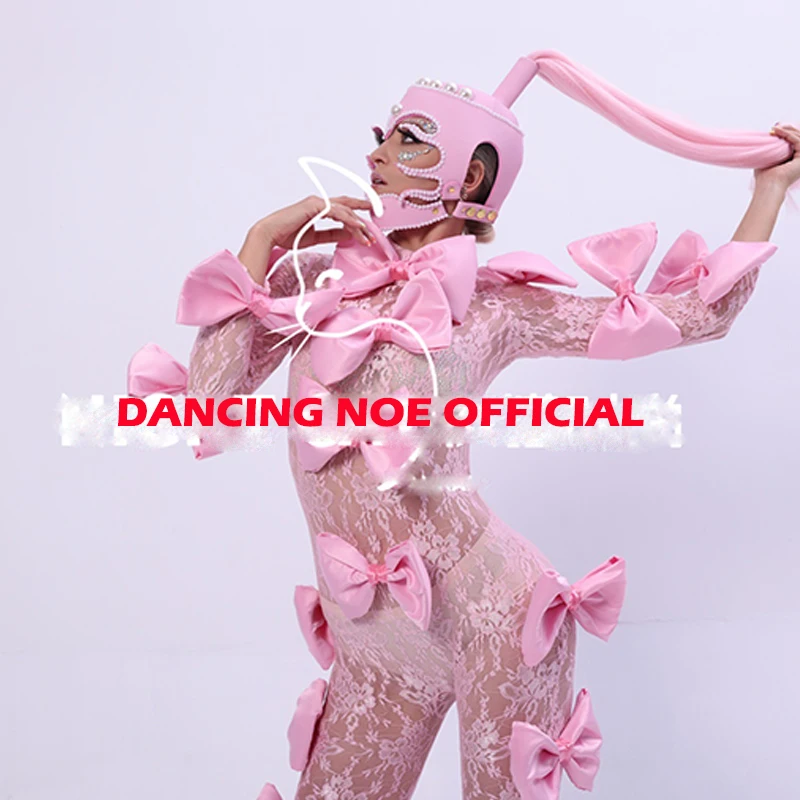 Pink Lace One-Piece Bow Gogo Dance Costume Women Sexy Jumpsuit Female Singer Nightclub Bar Ds Dj Party Stage Costumes DN8600