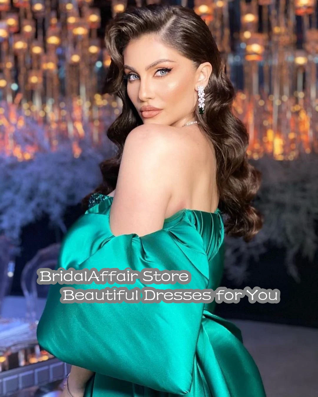 Bridalaffair 2022 Elegant Green Satin Prom Dresses Puffy Mouwen Sweetheart Kristallen Kralen Lange Baljurk Arabisch Avondjurk