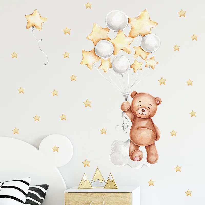 Bear Balloon Stars Cartoon Wall Stickers Child Kids Room Home Decoration Wallpaper Living Room Bedroom Decals Nursery Sticker