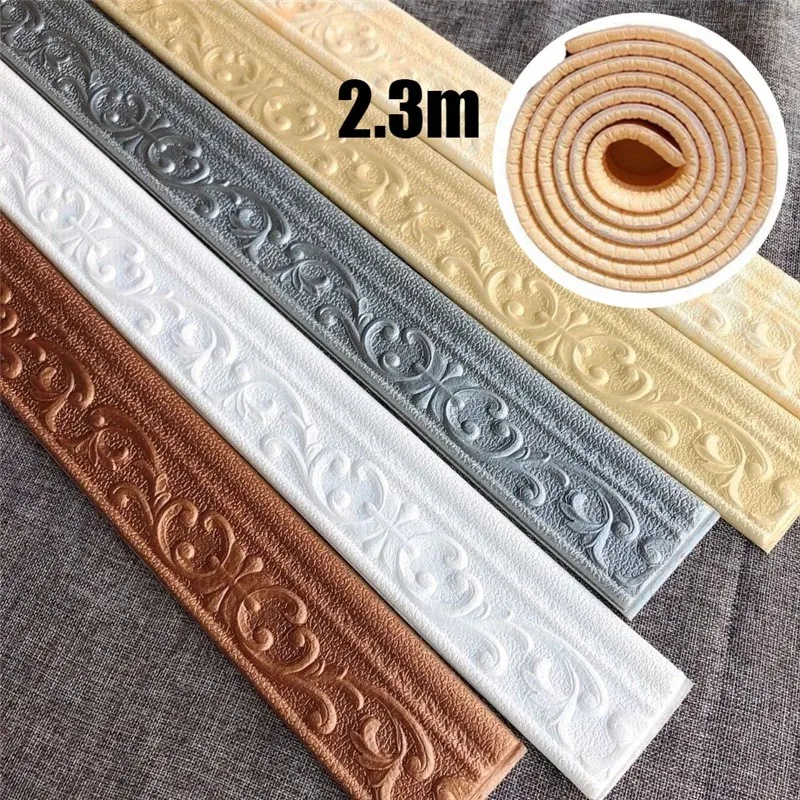 

3D Pattern Embossed Foam Baseboard Wall Sticker 2.3M Self-adhesive skirting Waist Line Skirting Wallpaper