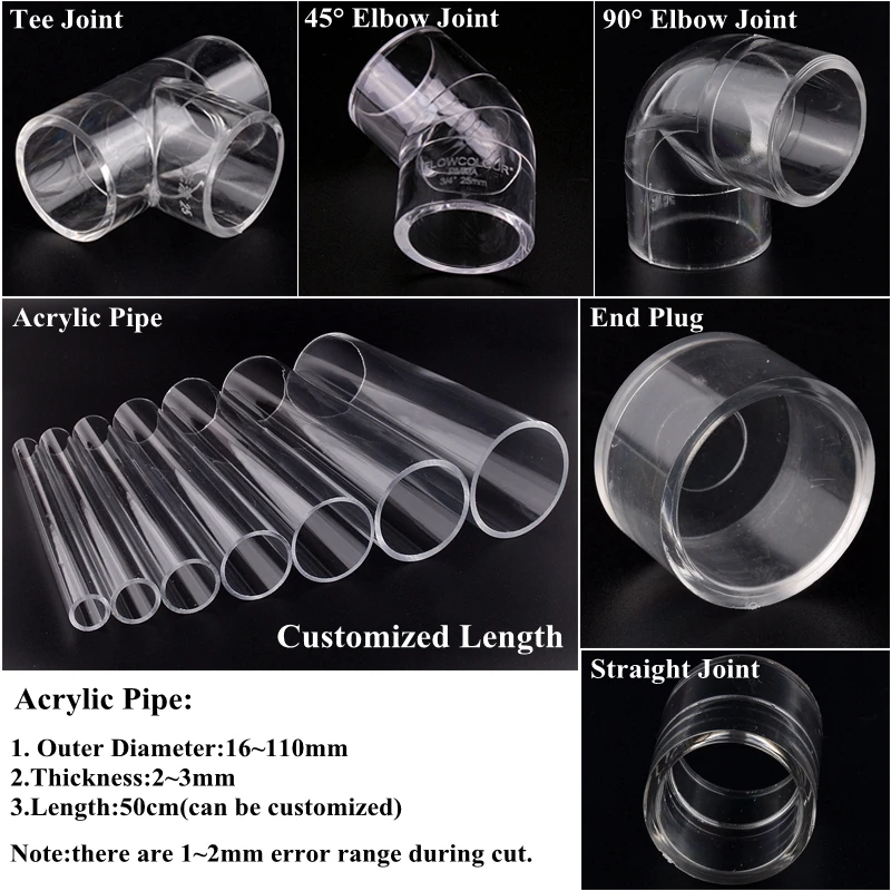 2pcs 20~50mm Clear Plexiglass Acrylic Pipe Elbow Straight Connector Aquarium Fish Tank DIY PMMA Water Supply Tube Tee Joint