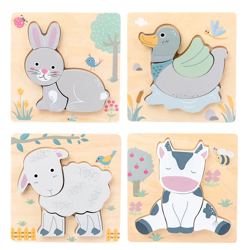 Wooden Jigsaw Puzzle Rabbit Cow Sheep Duck Kawaii Puzzles Clever Board Game Montessori Materials Educational Toys For Children