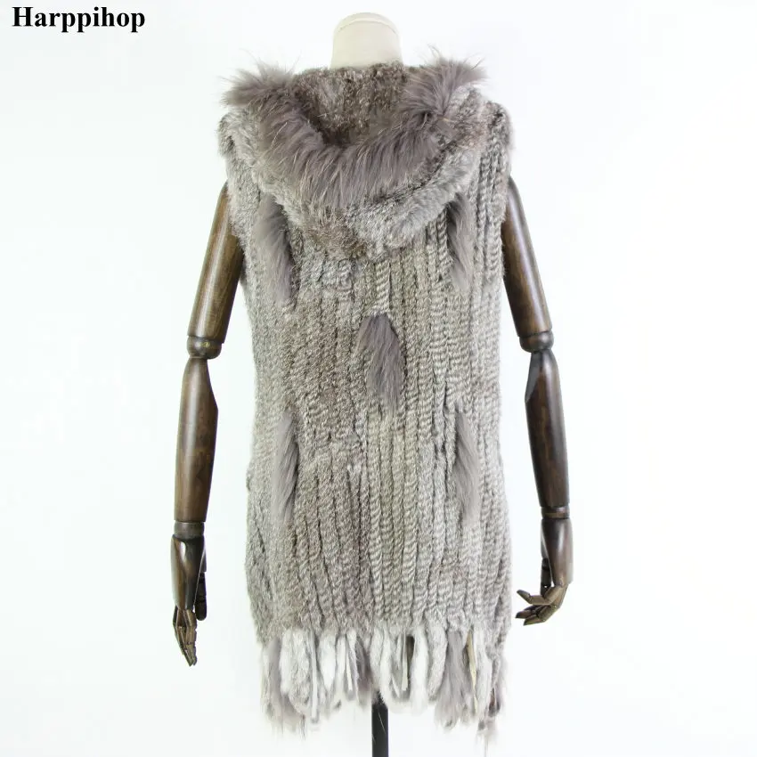 Harppihop fur New natural Fur Vest Genuine Rabbit Fur Knitted Gilet with Hooded Long Coat Jackets Women Winter V-211-05