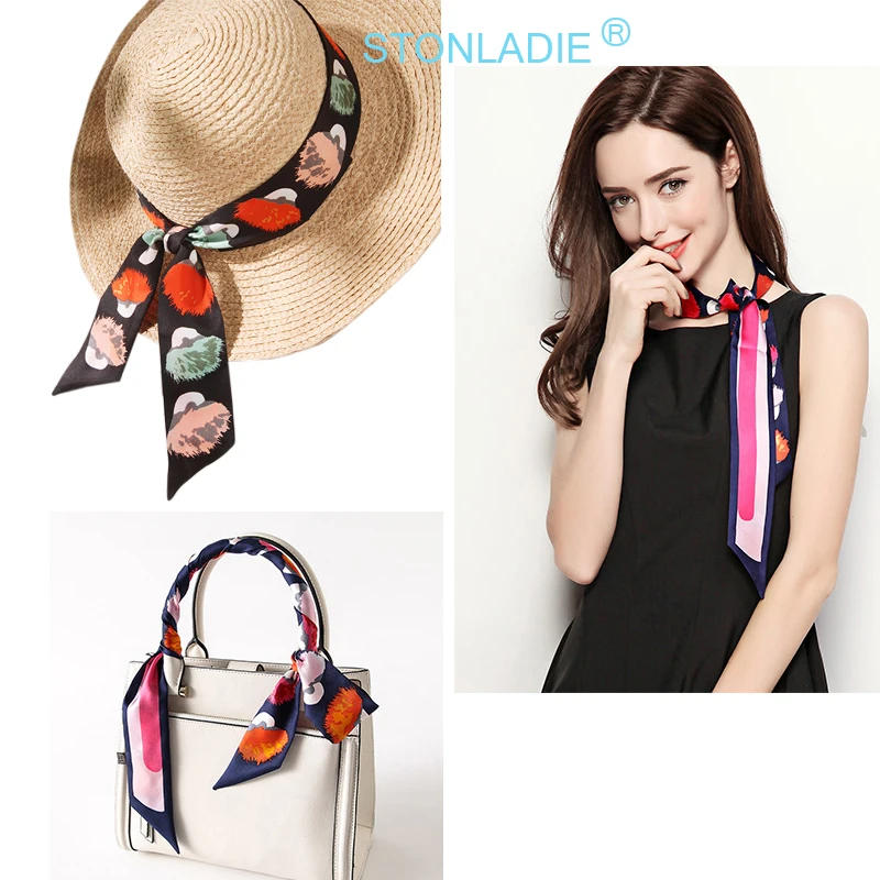 HOT 5X120CM Summer Sunhat Ribbons Fashion Printing Korean Women Twill Silk Neck Scarves Satin Hairbands Ladies Neckerchiefs