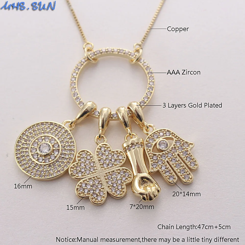 MHS.SUN Newest Lucky Clover/Eye Hand Hamsa Pendant Necklace With AAA Zircon Jewelry Link Chain Collier For Women Party Gift