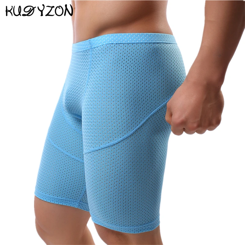 Fitness uomo lungo Boxer intimo Mesh traspirante intimo uomo Boxer pantaloncini gamba lunga bauli Sexy mutande da corsa