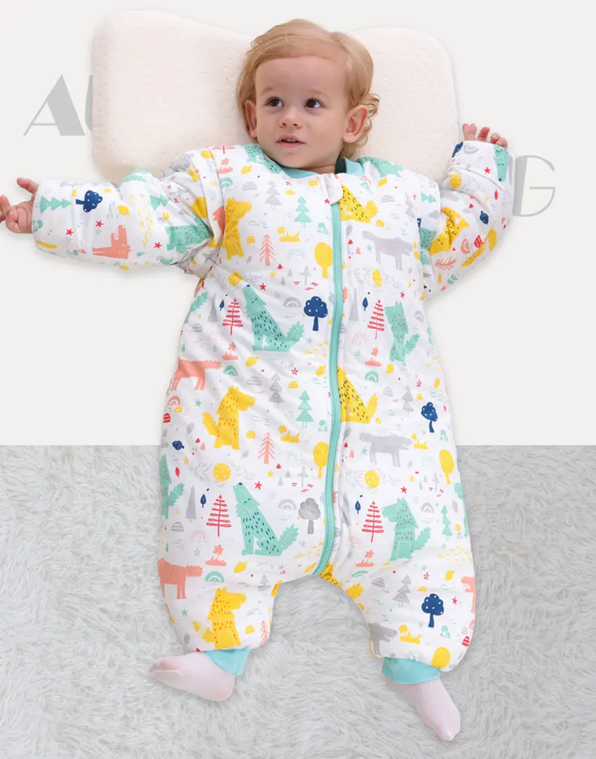 Gelukkig Fluit Baby 100% Katoen Slaapzak Lange Mouw Winter Cartoon Split Been Afneembare Mouwen Sleepsack Wrap Fit 0 ~ 6 Jaar Baby