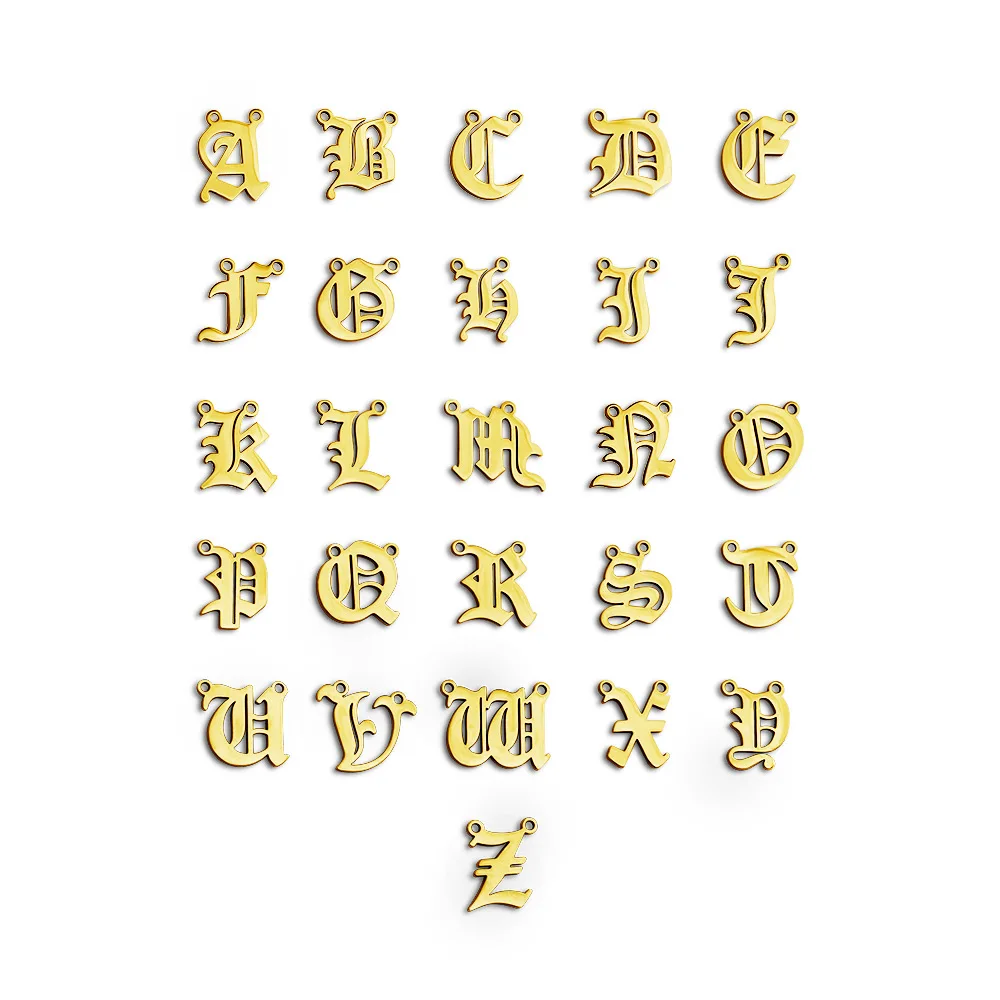 MYLONGINGCHARM 26pcs/perlot  A-Z Alphabet pendant with 2，3 or 4 holes Gothic Style gold color bracelet charms Necklace Pendant