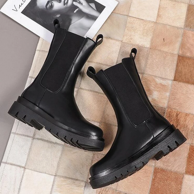 Women Botas Chelsea Boots femmes bottes Round Toe Platform Thick Heel Mid-Calf Boots Woman Fashion Slip-on boot shoes